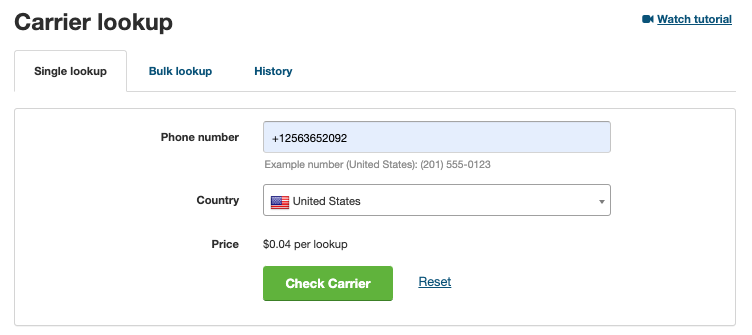 Use the Textmagic carrier lookup tool to validate numbers