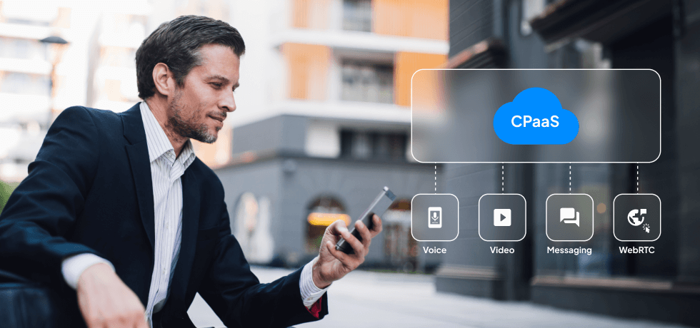 Cover image depicting a man on his phone and illustrating CPaaS components