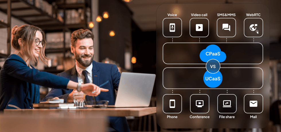 Cover image of two businesspeople in a meeting debating over CPaaS vs UCaaS
