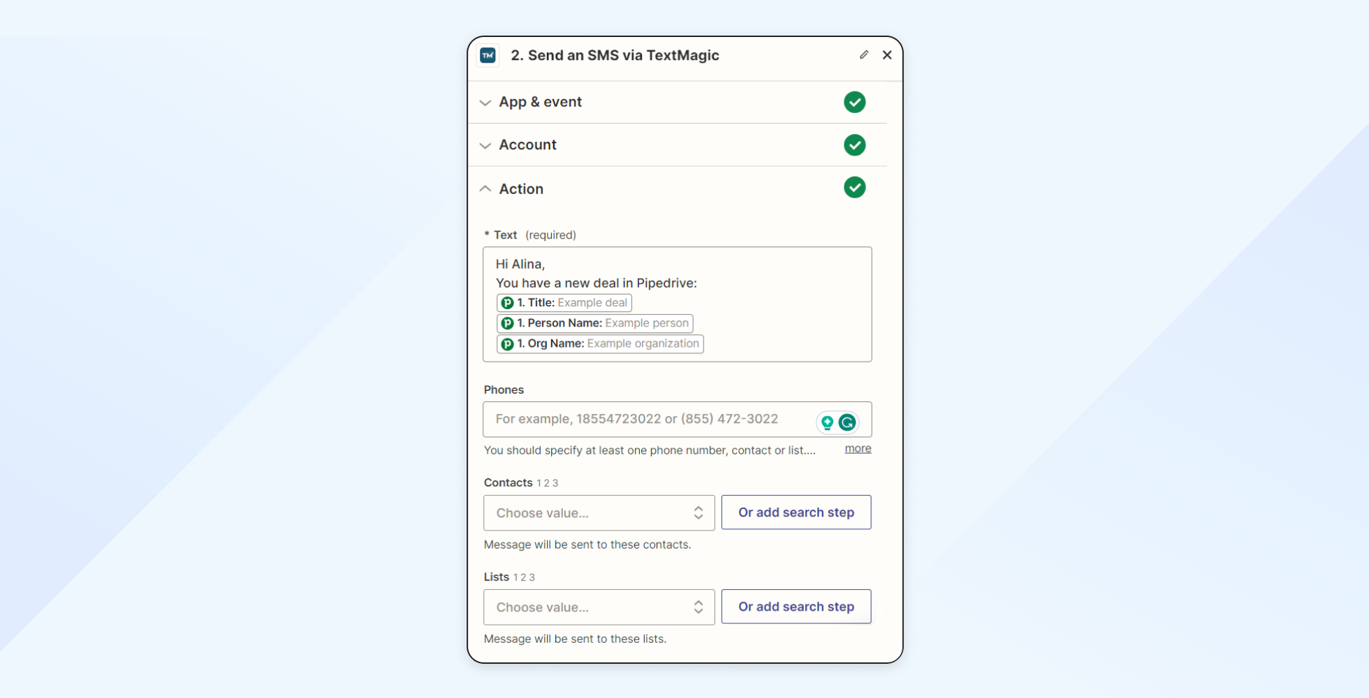 Send SMS configure action