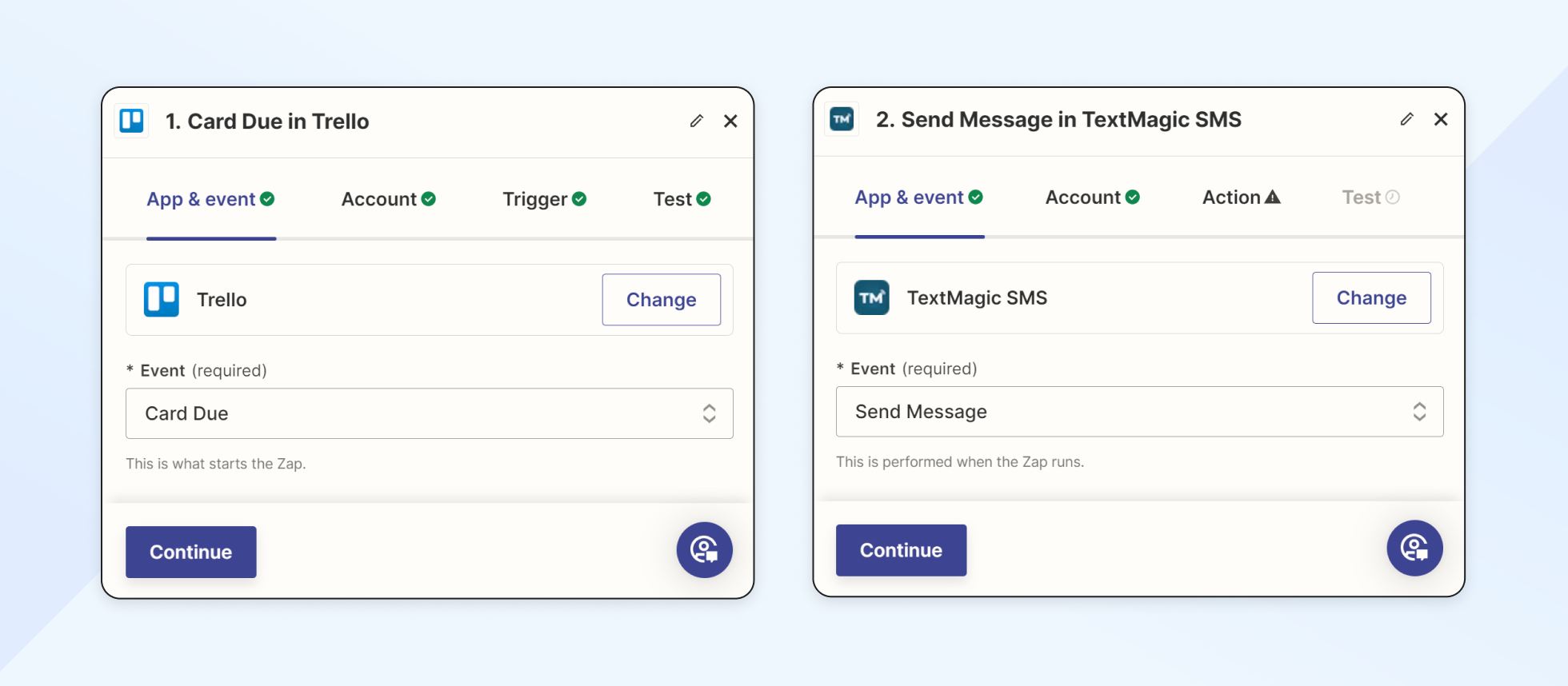 Trello Textmagic Zapier screenshot of action and trigger event